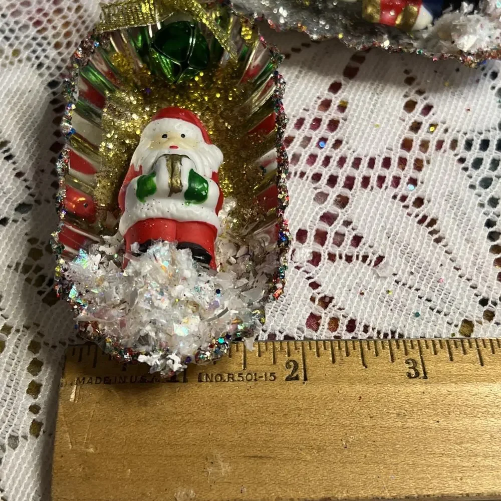 Vintage Oval Tart Tin Santa Snowman Soldier Set/3 Diorama Mid Century Ornaments